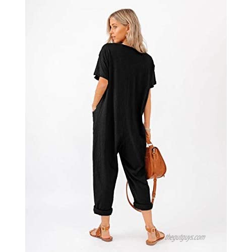 Aoysky Women's One Piece Button Up Jumpsuit Casual Loose Short Sleeve V Neck Onesies Rompers with Pockets