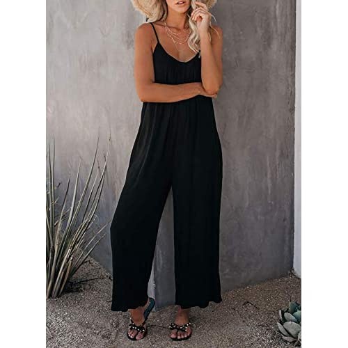 Asyoly Women's Loose Sleeveless Jumpsuits Adjustable Spaghetti Strap Stretchy Long Pant Romper Jumpsuit with Pockets