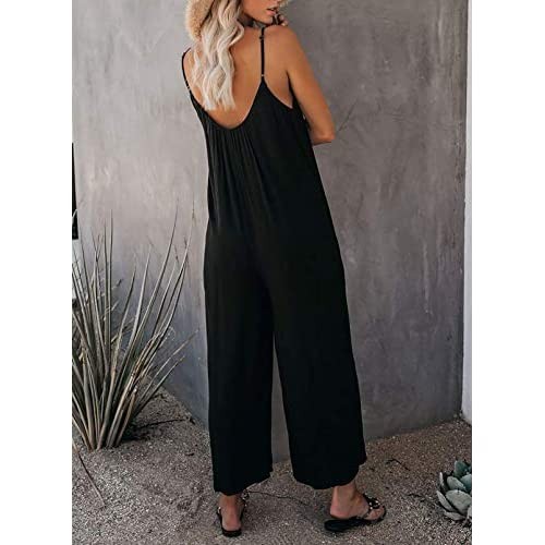 Asyoly Women's Loose Sleeveless Jumpsuits Adjustable Spaghetti Strap Stretchy Long Pant Romper Jumpsuit with Pockets