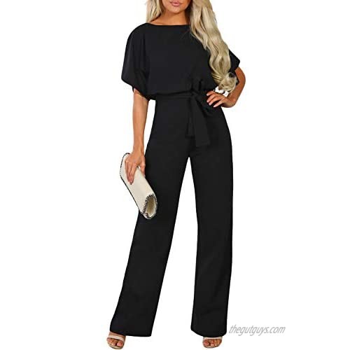 CANIKAT Womens Casual Short Sleeve Belted Jumpsuit Long Pants Back Keyhole Overall Romper Playsuit
