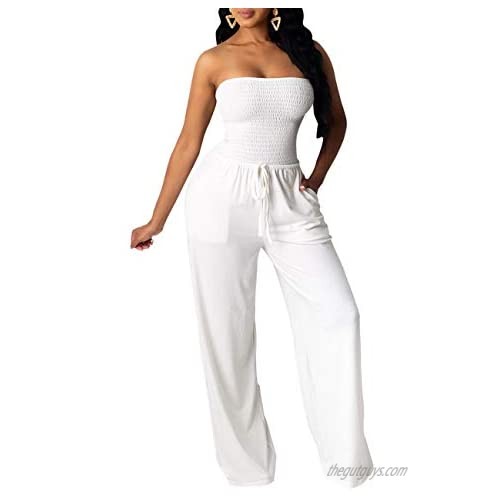 ECDAHICC Women's Strapless Tube Top Rompers Casual Off Shoulder Solid Color Belted Wide Leg Jumpsuit with Pockets
