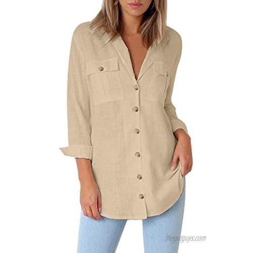 GRAPENT Womens Casual Loose Roll-up Sleeve Blouse Pocket Button Down Shirts Tops