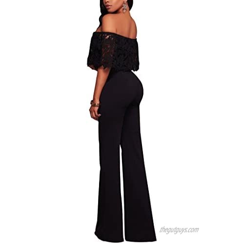 Halfword Womens Off Shoulder High Waisted Long Wide Leg Jumpsuits Rompers