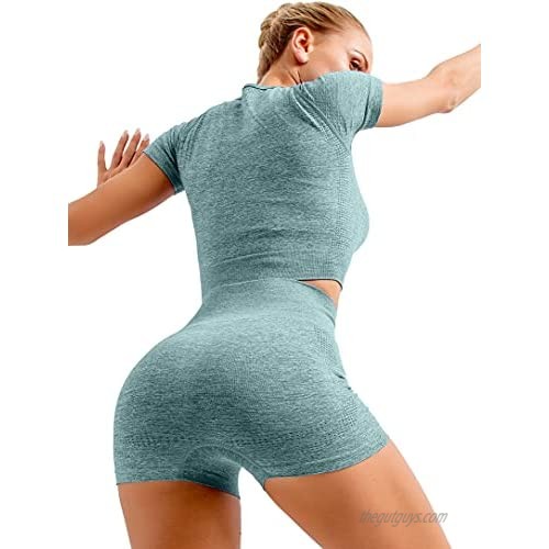 HYZ Yoga 2 Piece Outfits Workout Running Crop Top Seamless High Waist Shorts Sets
