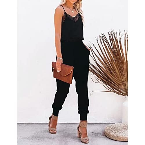LACOZY Women's Casual Solid Lace Tank Jumpsuits V-Neck Spaghetti Strap Romper Sleeveless Long Jumpsuit
