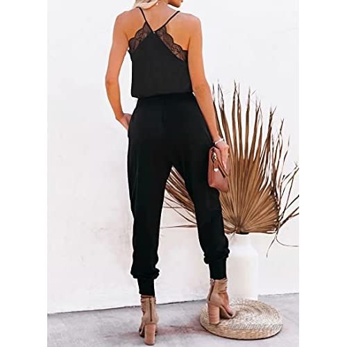 LACOZY Women's Casual Solid Lace Tank Jumpsuits V-Neck Spaghetti Strap Romper Sleeveless Long Jumpsuit