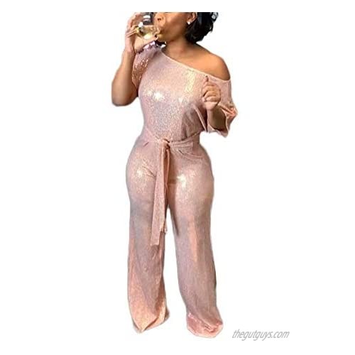 LKOUS Women's Evening Sparkly Jumpsuits Off Shoulder Short Sleeve Party Sequins Rompers High Waisted Wide Leg Pants Suit