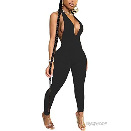 LuFeng Women's Sexy Bodycon Halter Deep V Neck Backless Party Long Jumpsuits Romper