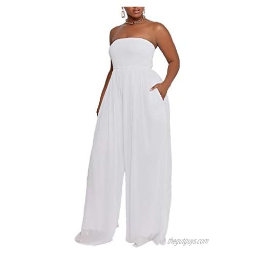 Ophestin Women Casual Solid Off Shoulder Smocked Drawstring Wide Leg Pants One Piece Jumpsuits Rompers