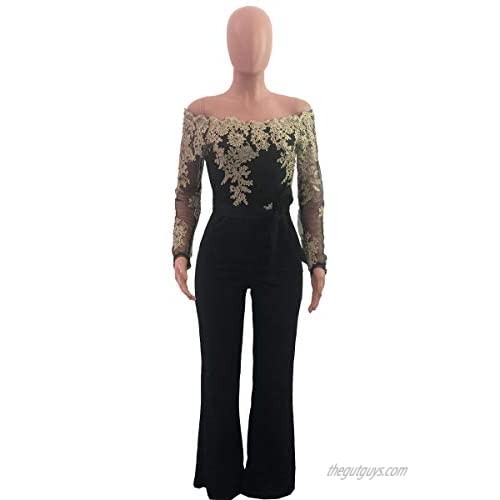 Ophestin Women Sexy Off Shoulder Floral Lace Long Sleeve Bodycon Wide Leg Jumpsuits Rompers with Belt