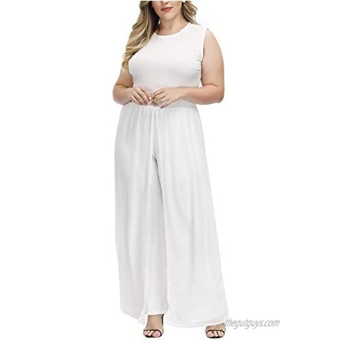 Pink Queen Women's Plus Size Sleeveless Long Pants Jumpsuit with Chiffon Overlay