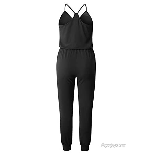 QEESMEI Women's Jumpsuits Rompers V Neck Spaghetti Strap Drawstring Elastic Waisted Long Pants Jumpsuits