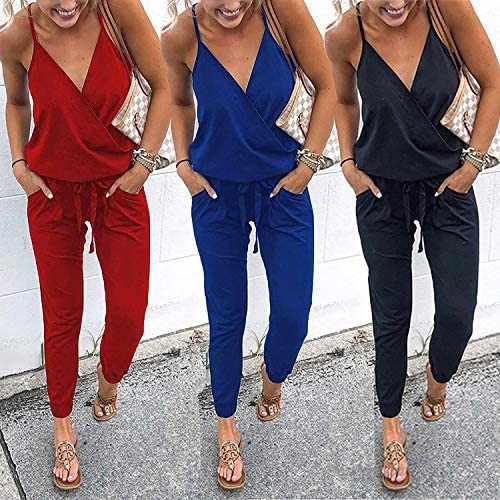 QEESMEI Women's Jumpsuits Rompers V Neck Spaghetti Strap Drawstring Elastic Waisted Long Pants Jumpsuits