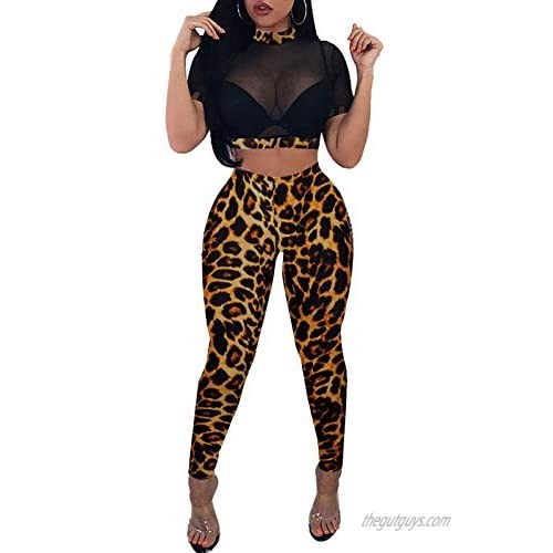 Rela Bota Women's 2 Piece Outfits Mesh Crop Top High Waist Long Pants Bodycon Clubwear Set
