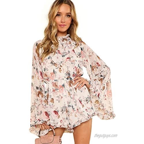 Romwe Women's Floral Printed Ruffle Bell Sleeve Loose Fit Jumpsuit Rompers