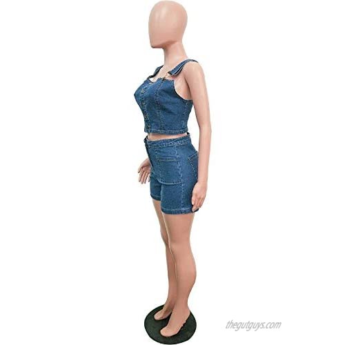 Salimdy Women's Summer Spaghetti Straps 2 Piece Jeans Outfit Sleeveless Denim Tank Crop Top Shorts Set Jumpsuit