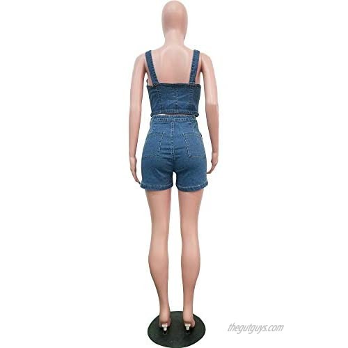 Salimdy Women's Summer Spaghetti Straps 2 Piece Jeans Outfit Sleeveless Denim Tank Crop Top Shorts Set Jumpsuit
