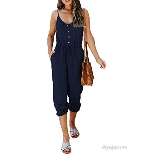 Selowin Women's Straps V Neck Jumpsuit Button Drawstring Waisted Rompers