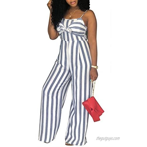 SheKiss Womens Striped Spaghetti Strap Summer Jumpsuits Sexy Tie Bowknot Long Pants Rompers