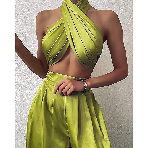 Summer Elegant Two Piece Outfits for Women Halter Criss Cross Tank Crop Tops and Wide Leg Pants Sets Shinny Clubwear