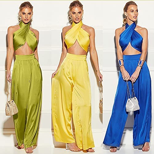 Summer Elegant Two Piece Outfits for Women Halter Criss Cross Tank Crop Tops and Wide Leg Pants Sets Shinny Clubwear
