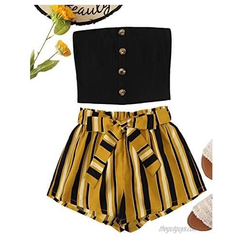 SweatyRocks Women's 2 Piece Outfit Casual Button Front Bandeau Crop Top and Belted Shorts Set