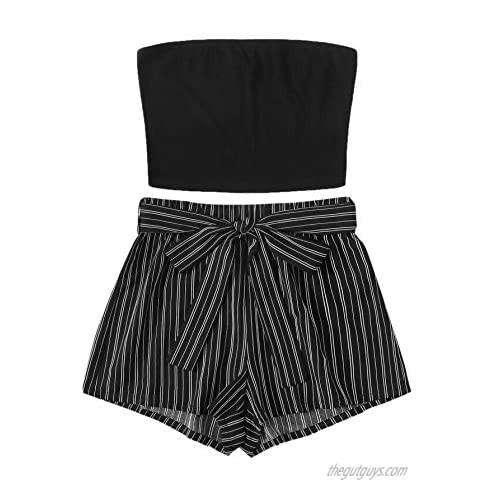 SweatyRocks Women's Sexy 2 Piece Outfits Striped Bandeau Tube Crop Top with Shorts Set