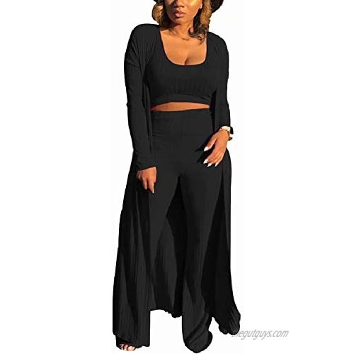 ThusFar Women 3 Piece Outfits Ottoman Rib Open Front Cardigan Cover Up Crop Tank Tops Wide Leg Palazzo Pant Set Jumpsuit