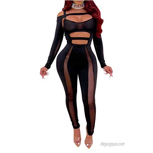 Uni Clau Women's Sexy See Through Jumpsuit Sheer Mesh Hollow Out Criss Cross Bodycon Jumpsuits One Piece Club Rompers
