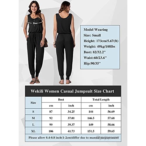 WEKILI Women’s Round-Neck Sleeveless Romper Elastic Waist Stretchy Casual Loose Long Pants with Pockets Jumpsuit