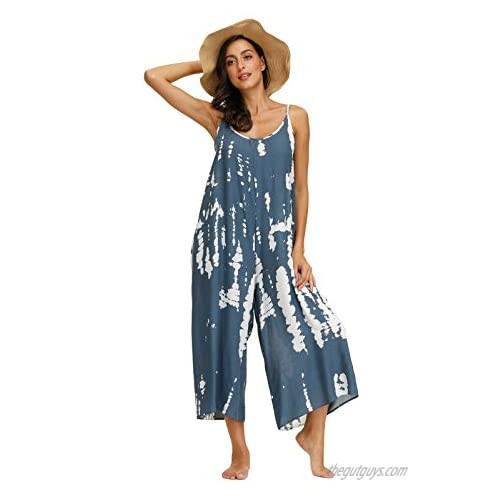 wexcen Womens Floral Printed Jumpsuits Casual Sleeveless Spaghetti Strap Rompers Wide Leg Pants with Two Pockets