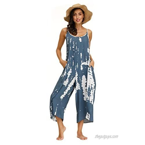 wexcen Womens Floral Printed Jumpsuits Casual Sleeveless Spaghetti Strap Rompers Wide Leg Pants with Two Pockets