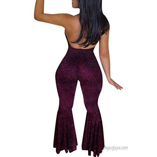 Women Backless Lace Up Halter Jumpsuit Sexy Sleeveless Fit and Flare Pant Romper See-Through Playsuit