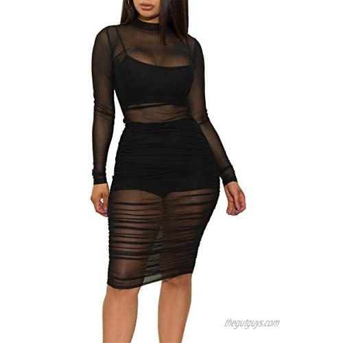 Women's Sexy 3 Piece Outfits Three Pc Sets See Through Mesh Ruched Midi Dresses + Crop Tank Tops + Skinny Shorts Clubwear