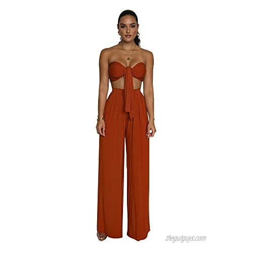 Women's Sexy V Neck Two Piece Outfits Elegant Crop Top Long Wide Leg Pants Jumpsuits