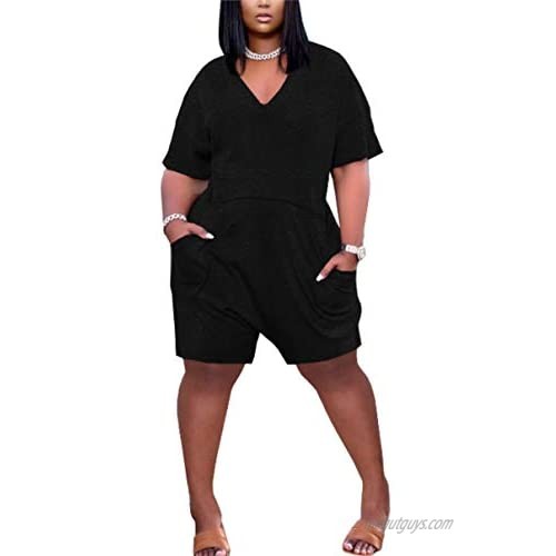 Women's Solid Color Sweat-Absorbent Loose Wide-;Leg Harem Jumpsuit-Women's V-neck Short Sleeve + Loose Harem Jumpsuit