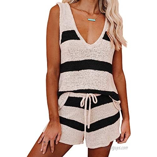 Womens Summer 2 Piece Outfits Sexy Sheer Romper Stripe Jumpsuit Casual Strappy Tie Waisted Beach Shorts Uniform Sets