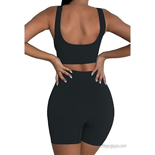 Workout Sets for Women 2 Piece Gym Outfits Seamless Ribbed Crop Tank High Waist Shorts Yoga Outfits