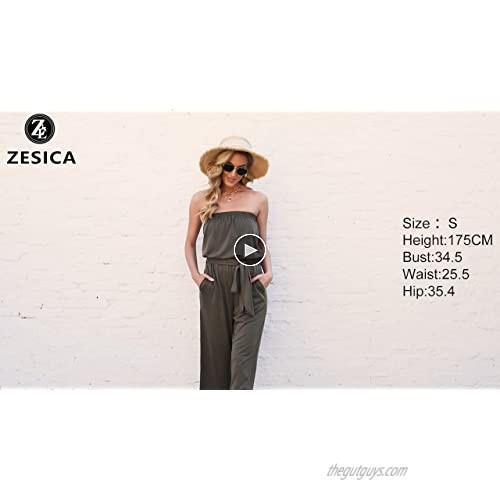 ZESICA Women's Casual Off Shoulder Solid Color Strapless Belted Wide Leg Jumpsuit Romper