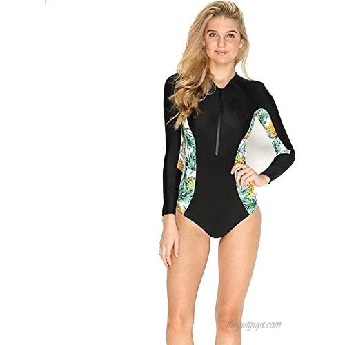 Beachkini Women Zip Up Rash Guard 1 Piece Print Swimsuit Long Sleeve Swimwear