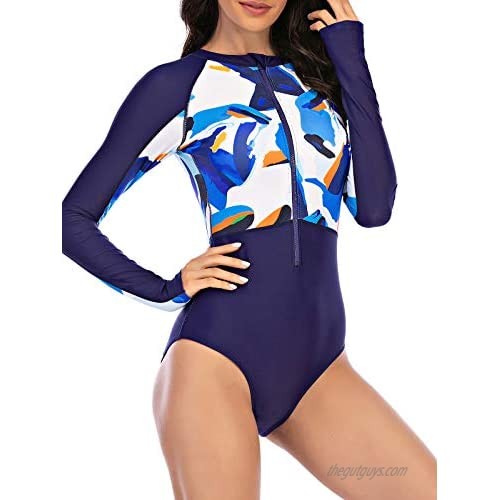 Century Star Women's Long Sleeve one Piece Swimsuit Athletic Rash Guard Zipper Floral Printed Surfing Swimsuit Bathing Suit