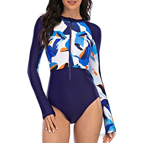 Century Star Women's Long Sleeve one Piece Swimsuit Athletic Rash Guard Zipper Floral Printed Surfing Swimsuit Bathing Suit