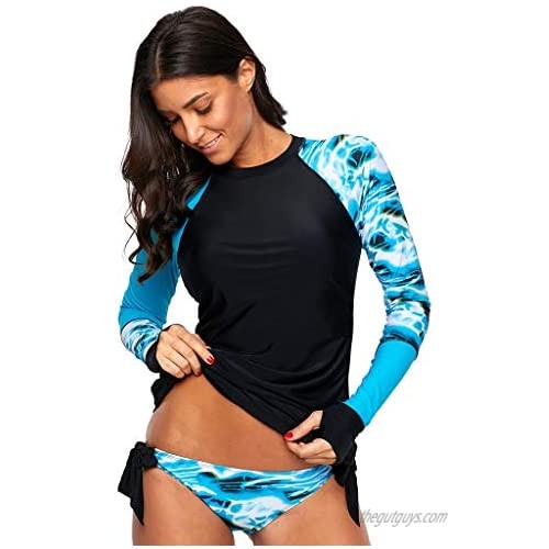 Forthery-Women Long Sleeve Rashguard Side Ties Color Block Print Tankini Swimsuit