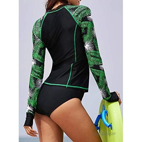 GLUDEAR Women's Rash Guard Tops Floral Pint Long Sleeve Bathing Suits Swim Shirt