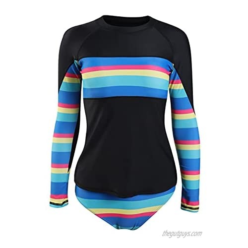 JadeRich Women's Color Block Long Sleeve Surfing Rash Guard Two Pieces Athletic Swimsuit