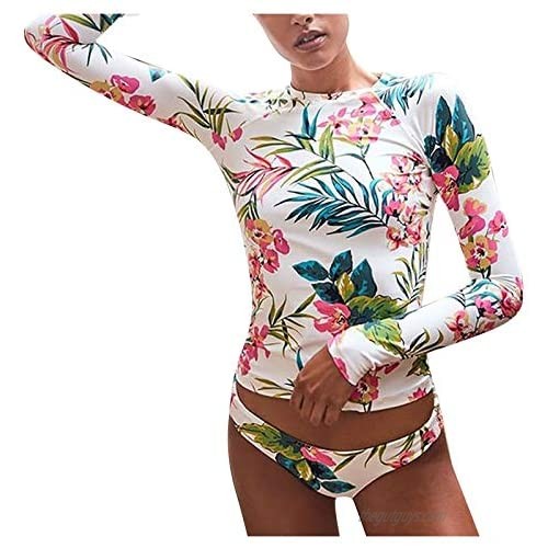 Kangma Womens Rash Guard Swimwear  O-Neck Floral Print Long Sleeve High Waist Beachwear 2 Piece Bathing Suit Bikini