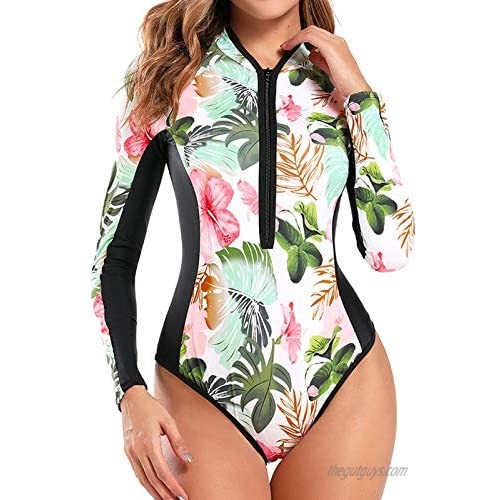 MAXILI Women's Rashguard Long Sleeve Zip Floral Print One Piece Swimsuit Swimwear Bathing Suits