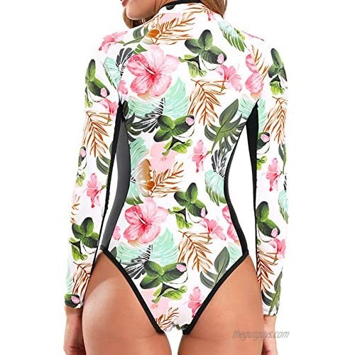 MAXILI Women's Rashguard Long Sleeve Zip Floral Print One Piece Swimsuit Swimwear Bathing Suits