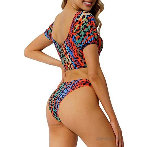 Peddney Women V-Neck Thong Bikini Zipper Front Puff Sleeves Two Piece Bathing Suit High Cut Thong Tankini Bathing Suit