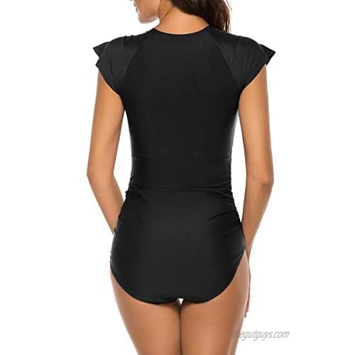 Runtlly Womens Zip Front One Piece Rashguard UV Protection Surfing Sport Swimsuit
